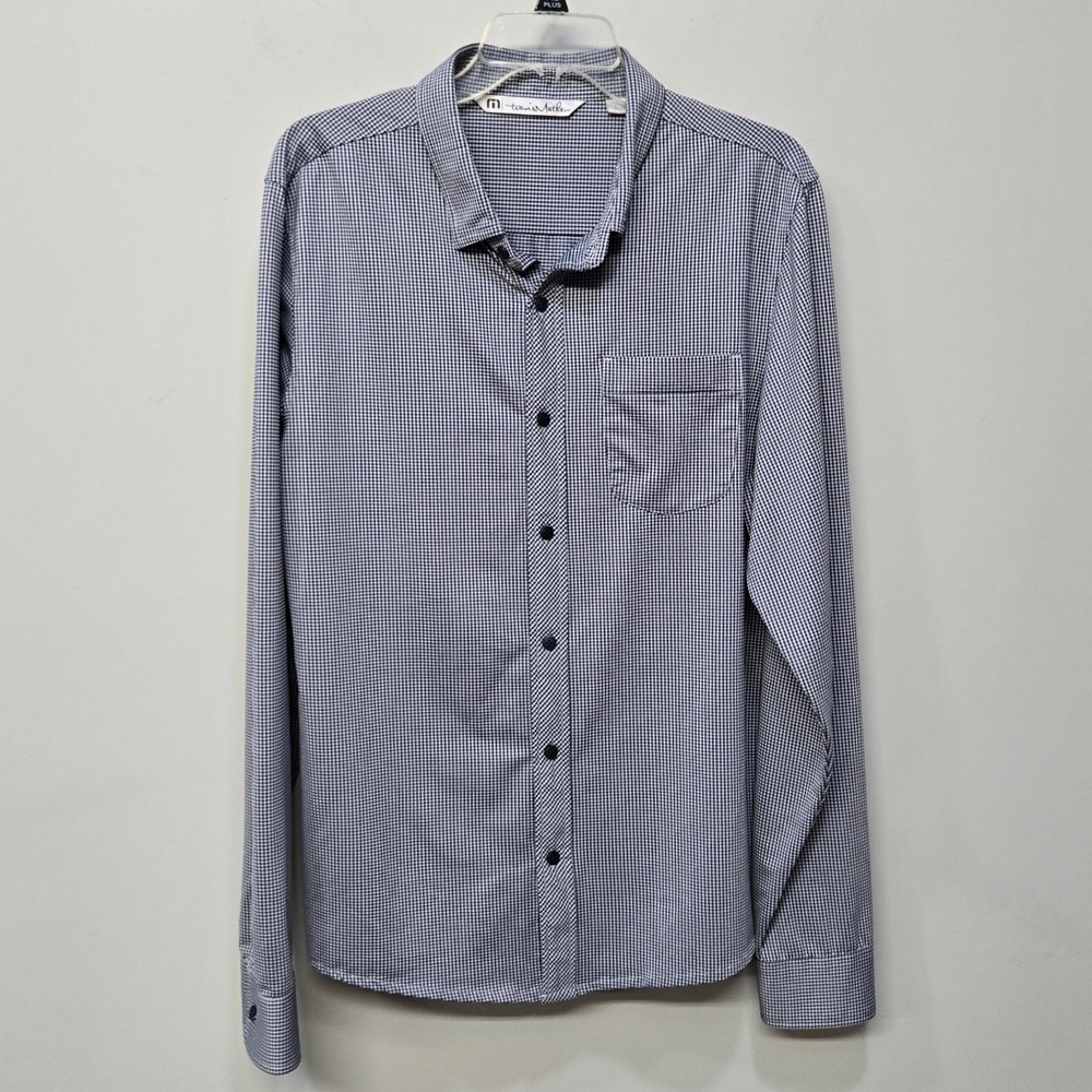 TravisMathew Button Up Shirt Large Gingham Plaid 4 Way Stretch Performance Golf
